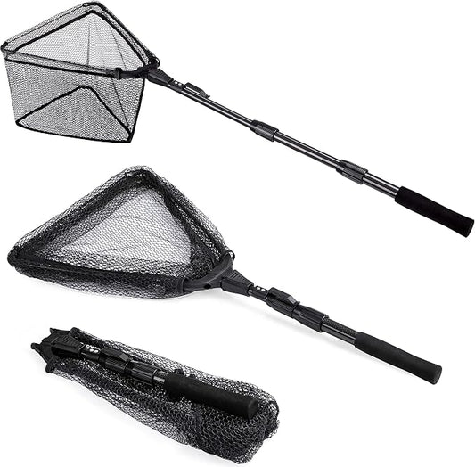PLUSINNO Fishing Net Fish Floating Landing Net, Kayak Nets with Fixed Foldable Telescopic Pole Handle, Bass Trout Fishing Nets with Nylon Mesh for Pond Lake River, Fishing Gear Gifts for Men Anglers