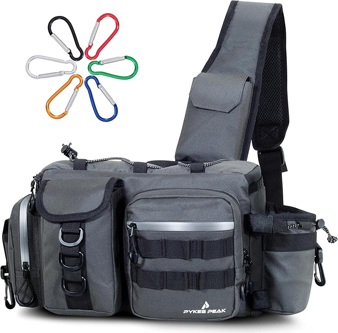 PYKES PEAK Fishing Bag | Waterproof Tackle Bag with Large Capacity | Includes 6 Carabiners | Versatile Fishing Shoulder Bag | Grey | L Size - Designed in Japan