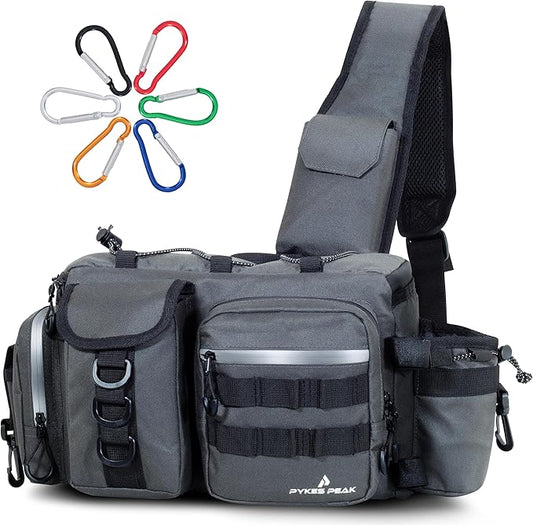 PYKES PEAK Fishing Bag | Waterproof Tackle Bag with Large Capacity | Includes 6 Carabiners | Versatile Fishing Shoulder Bag | Grey | L Size - Designed in Japan