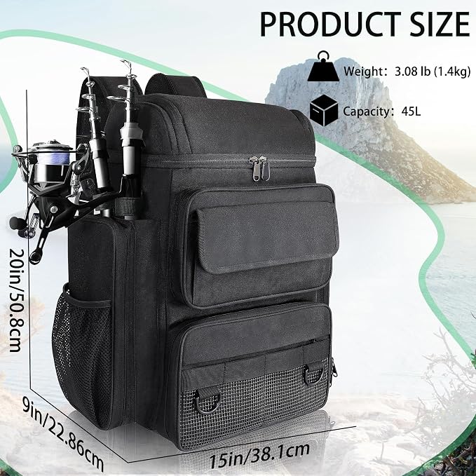 Fishing Tackle Backpack With Rod Holders, 45L Large Tackle Bag & Fishing Tackle Backpack for Fishing, Camping, Hiking,Black