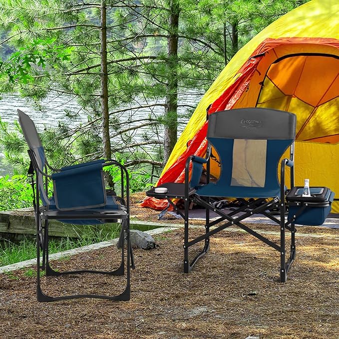COSTWAY Folding Camping Chair, Heavy-Duty Director Chair Supports 400lbs for Adults with Side Table, Cooler Bag, Storage, Strap, Portable Makeup Chair Suitable for Fishing Picnic