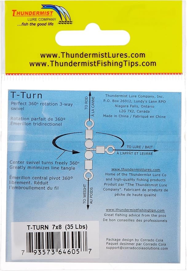 Thundermist Lure Company T-Turn 3-Way Swivel Tangle Free Tackle Equipment