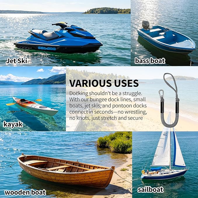3FT Boat Dock Line Shock Absorbing Mooring Bungee Dock Lines for Boats Accessories Ideal for Jet Ski, SeaDoo, Kayak, Pontoon, Power Boat 2PCS (Grey, 3FT-Single Clips)