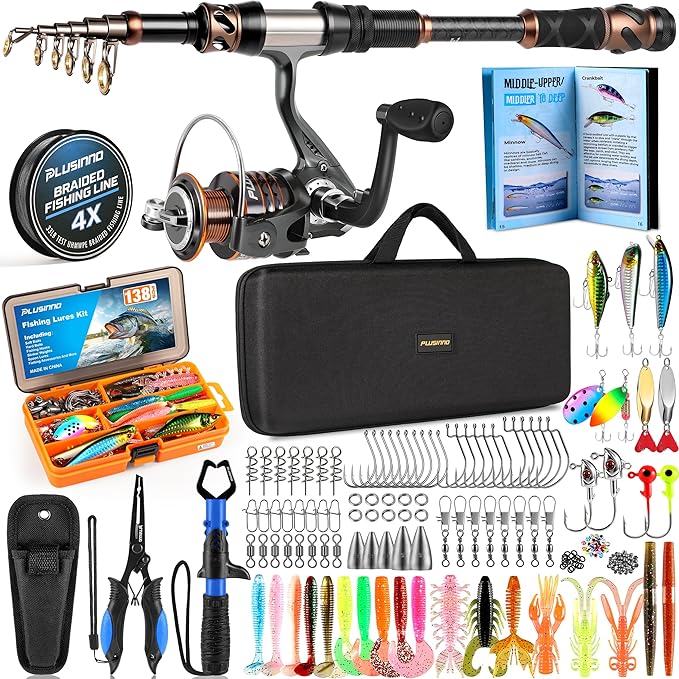 PLUSINNO Fishing Rod and Reel Combo with Telescopic Fishing Pole, Portable Travel Fishing Rods Kit with Tackle Box Carrier Bag & Manuals, Fishing Gear Tool Kit for Freshwater, Fishing Gifts for Men