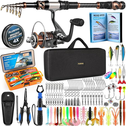 PLUSINNO Fishing Rod and Reel Combo with Telescopic Fishing Pole, Portable Travel Fishing Rods Kit with Tackle Box Carrier Bag & Manuals, Fishing Gear Tool Kit for Freshwater, Fishing Gifts for Men