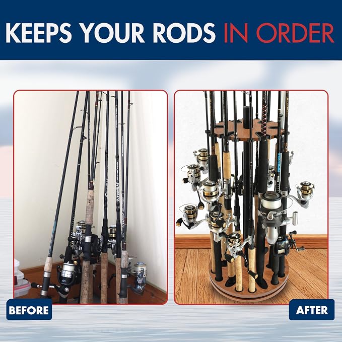 Rush Creek Creations Fishing Rod Holder - 360 Spinning Rack for Garage Organization and Storage, Pole Holder for Reels, Gear, Accessories, Tackle Box