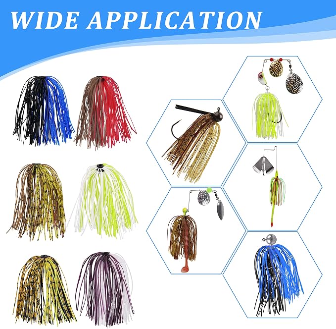 Silicone Jig Skirts Fishing Lures 50 Strands Bass Fishing Jigs Spinnerbait Skirts Replacement Kit Squid Jig Spinner Bait DIY Fishing Lures 12/24 Bundles