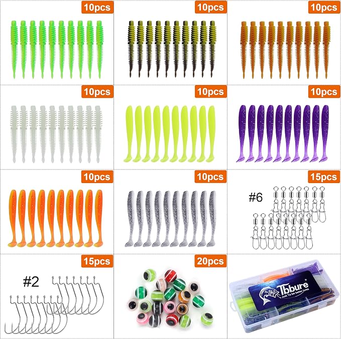 130/260Pcs Fishing Soft Lures Multi-Color Worms Set with Storage Box Silicone Threaded Bait Equipment Tackle Plastic Bait Gear for Bass, Fish Kit,Hooks,connectors, Accessories Tools,Swimbait