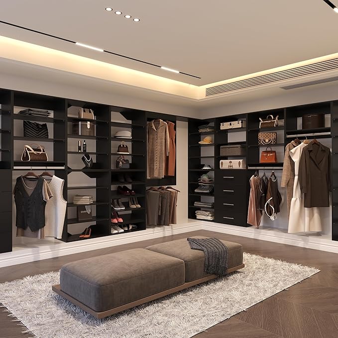2 Drawer Short Tower Closet Unit, Modular Closet System, Wood Closet System Organizer with Storage for Walk In Closets, Clothing Rack Closet for Hanging Clothes, Bedroom, Black, 25.5"W