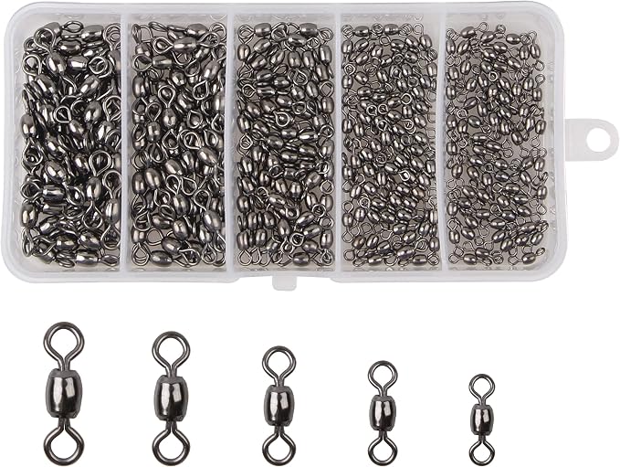Barrel Swivels Fishing Tackle Kit, 300pcs Crane Ball Bearing Fishing Swivel with Solid Ring Black Stainless Steel Fishing line Hook Connector Fishing Gear Accessories for Saltwater Freshwater