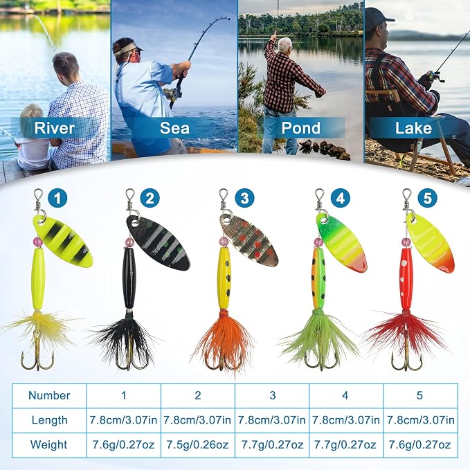Spinner Baits Bass Lures Rooster Feather Tail Fishing Lures Trout Lures Hard Metal Inline Spinnerbaits for Bass Trout Pike Walleye Salmon with Tackle Box