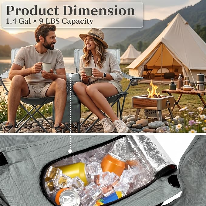 Double Camping Chair with Removable Umbrella, 2-Person Portable Folding Chair with Built-in Cooler Bag, Cup Holders & Storage Pockets, Heavy Duty Loveseat for Beach, Picnic, Fishing, Grey