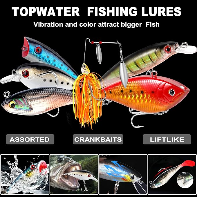 PLUSINNO Fishing Lures Fishing Tackle Box Fishing Gifts for Men, Bass, Trout Fishing Accessories Kit for Saltwater & Freshwater Fishing Gear Including Topwater Lures, Hooks, Spinnerbaits