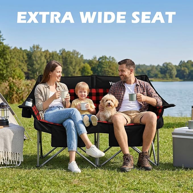 Youtanic 60" Extra Double Camping Chair, 700lbs Heavy Duty Padded Loveseat for Adults, Oversized 2 Person Folding Camp Couch with Dual Cup Holders, Portable Plaid Lawn Chair for Outside, Sports, Red