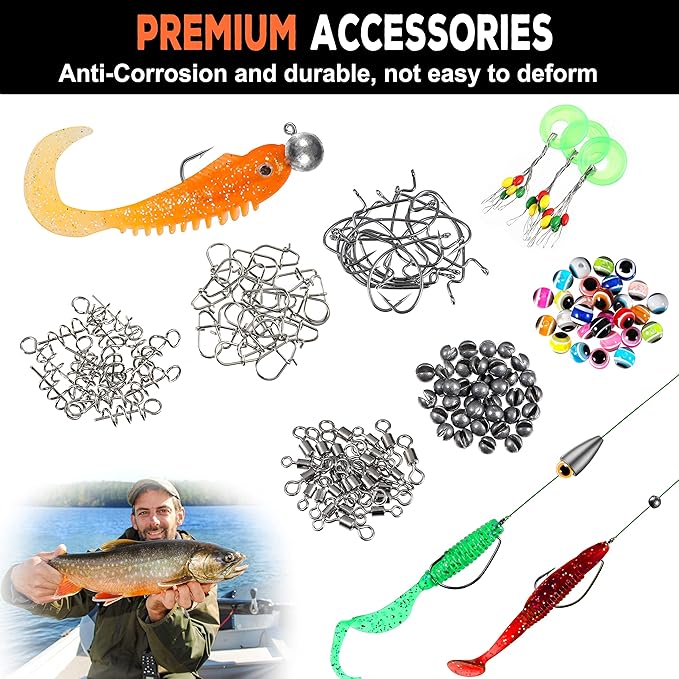 PLUSINNO 253/387pcs Fishing Gear Accessories Kit, Fishing Tackle Box with Tackle Included, Fishing Hooks, Fishing Weights Sinkers, Spinner Blade, Fishing Equipment for Bass Trout Bluegill Crappie