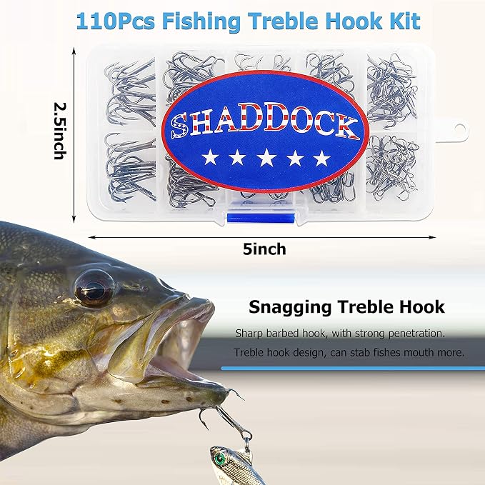 Fishing Treble Hooks Kit High Carbon Steel Treble Fishing Hooks Ring Set Strong Sharp Round Bend for Trout Bass Catfish Lures Baits Freshwater Saltwater