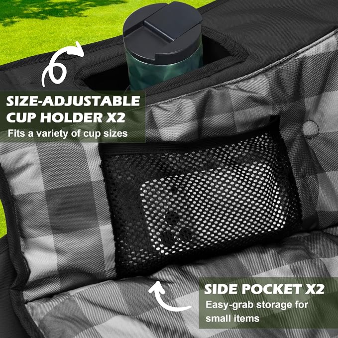 Youtanic Double Camping Chair, Heavy Duty 650lbs Padded Loveseat for Adults, Folding 2 Person Camp Couch with Cup Holder & Carry Bag, Wide Plaid Portable Lawn Seat for Outdoor Beach Sports, Black