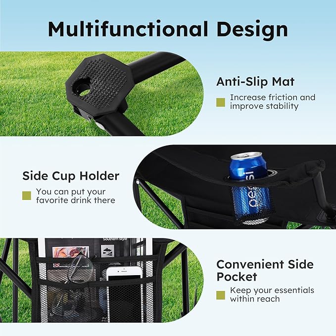 ALPHA CAMP 2-Pack Camping Chair with Cooler Bag, Heavy Duty 250lbs Capacity Folding Chair with Lumbar Support & Side Pocket, Portable Quad Chairs for Beach Fishing Tailgating & Sideline Sport