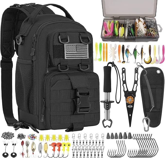 GMAK Fishing Backpack with Tackle Boxes, Fishing Sling Tackle Backpack Bag for Fish Gear With Rod Holder, Fish Kits Gifts for Men Women with Lures, Pliers, Lip Gripper, Black Kit