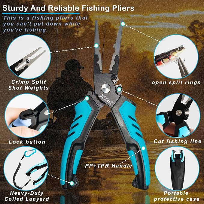 Selake 7 PCS Complete Fishing Tools Set, Fish Lip Gripper with Scale, Fishing Pliers, Hook Remover, Line Cutter & Scissors, Corrosion Resistant for Saltwater Freshwater Kayak Ice Fishing