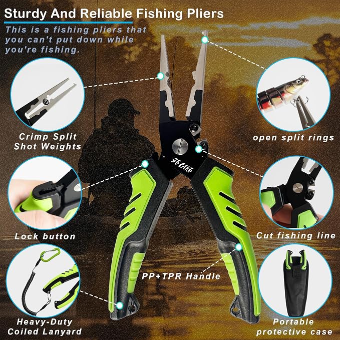 Selake 7 PCS Complete Fishing Tools Set, Fish Lip Gripper with Scale, Fishing Pliers, Hook Remover, Line Cutter & Scissors, Corrosion Resistant for Saltwater Freshwater Kayak Ice Fishing
