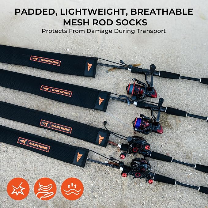 KastKing MeshGuard Rod Socks, Fishing Rod Sleeve, Neoprene Fishing Pole Sleeve, Fishing Rod Covers, Built-in Hanging Loop & Adjustable Lanyard, Fits Casting, Spinning, & Fly Rods