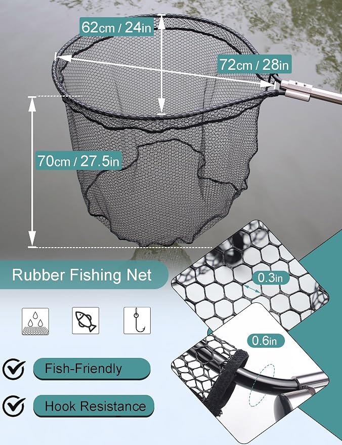 Avlcoaky 94" Telescopic Fishing Landing Net - Heavy-Duty Aluminum Handle with Non-Snag Rubber Coated Mesh, Extra Large Fishing Net for Saltwater Boat Fishing