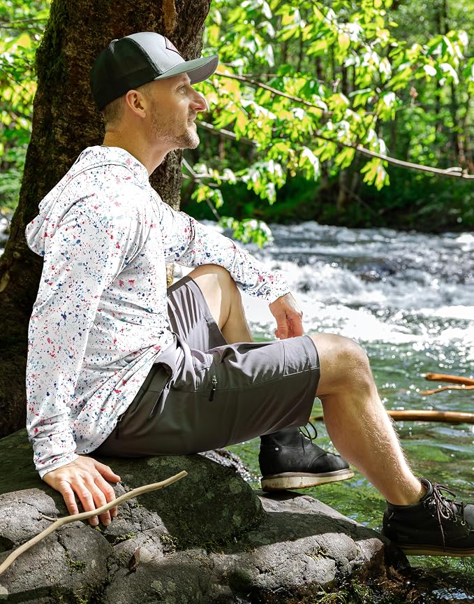 Pudolla Men's Sun Protection Hoodie Shirts UPF 50+ Rash Guard SPF Long Sleeve Fishing Shirt for Men Swim Hiking Boating