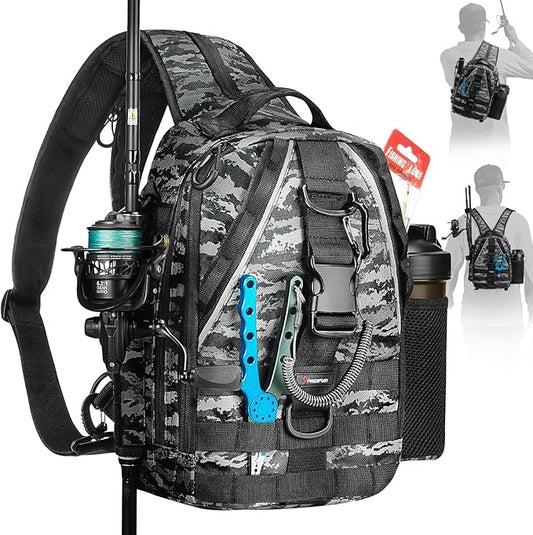 Piscifun Fishing Backpack with Rod Holder, Lightweight Sling Bag Storge Gear and Equipment