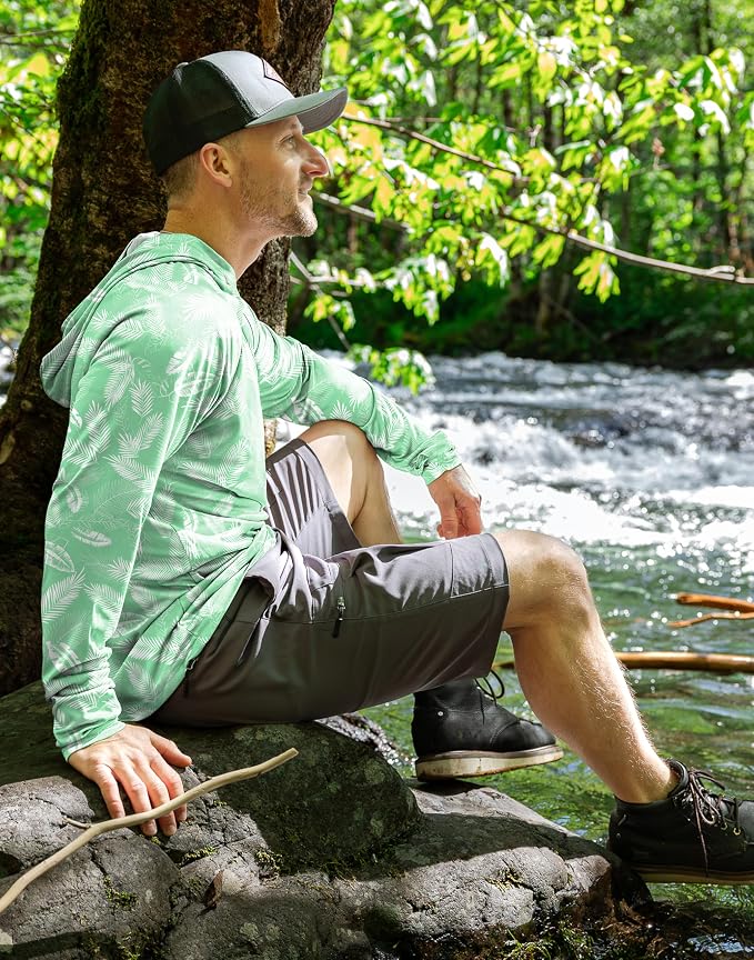 Pudolla Men's Sun Protection Hoodie Shirts UPF 50+ Rash Guard SPF Long Sleeve Fishing Shirt for Men Swim Hiking Boating