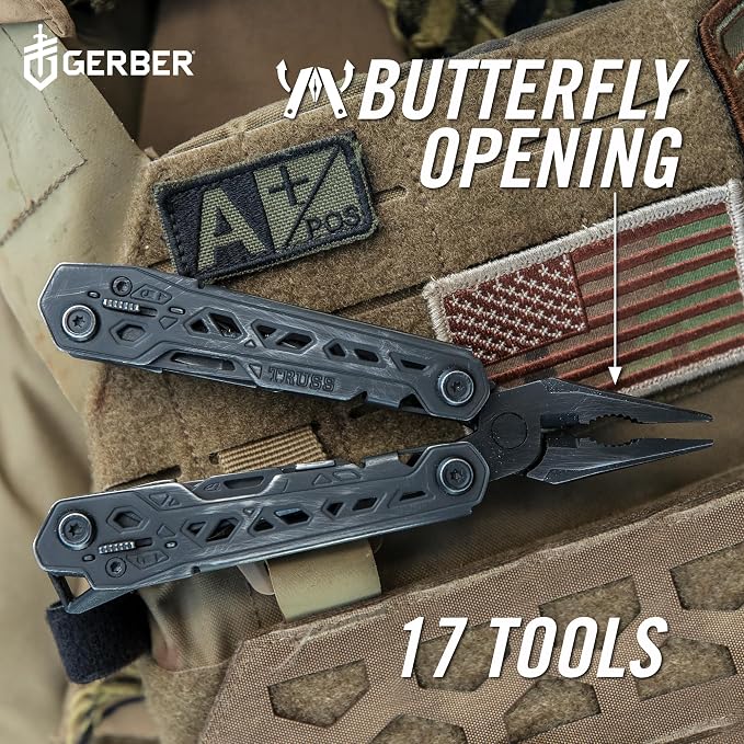Gerber Gear Truss 17-in-1 Multitool with Pocket Knife and Needle Nose Pliers - Gifts for Men, Compact EDC Gear, Black with Standard Sheath