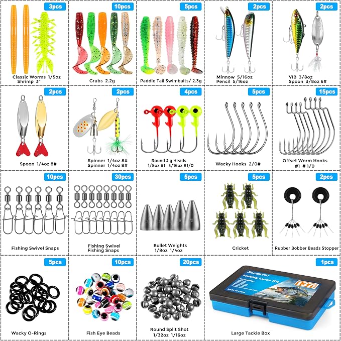 PLUSINNO Fishing Lures, 137Pcs Tackle Box with Tackle Included, Crankbaits, Spoon, Hooks, Weights & Other Accessories, Fishing Bait Lure Gear Kit Gift for Men Bass Freshwater