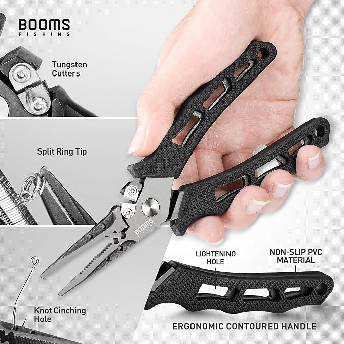 Booms Fishing F07S Pliers and Fish Lip Gripper Combo, Hook Remover, Split Ring Pliers, Stainless Steel Saltwater Tools With Lanyard and Sheath, Gift for Men