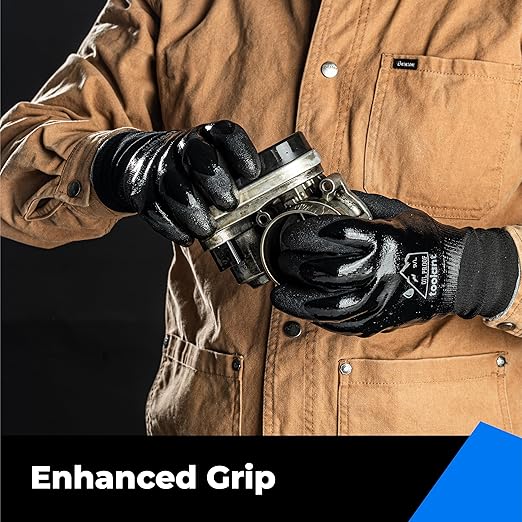 toolant Waterproof Gloves for Men and Women, Freezer Gloves with Grip, Double Nitrile Dipped for Extreme Oil Repellent, for Construction, Mechanics, Mining, Plumbing, Black, Medium