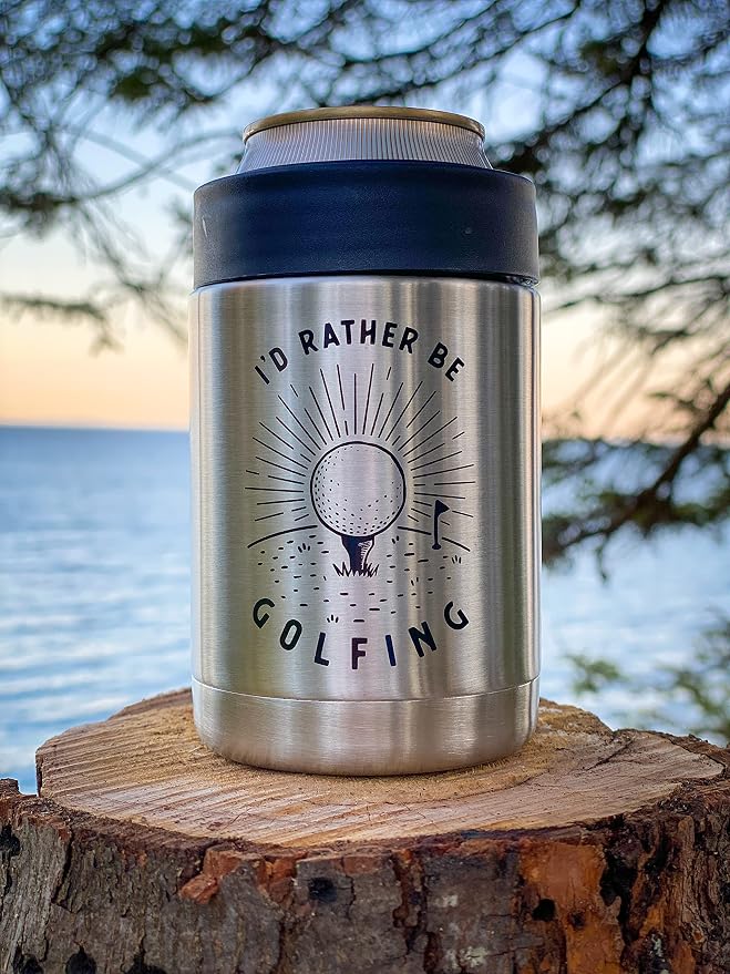 Funny Golf Gift - “Rather Be Golfing” Insulated Stainless Steel Can Cooler - Unique dad golf gift + perfect for golfers. Funny tournament prize + gift for men. It’s also a beer coolie and a gag gift.