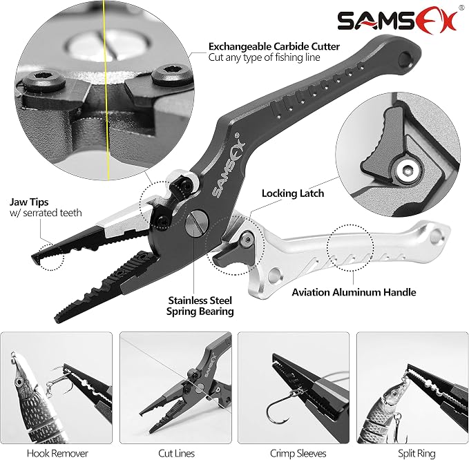 SAMSFX Aluminum Fishing Pliers Hook Remover Braid Line Cutter with Coiled Lanyard, Fly Fishing Knot Tying Tool & Retractors