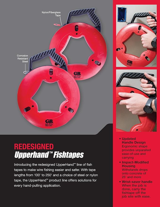 Gardner Bender FTS-125R Fish Tape, Plated Carbon Steel, UpperHand with Rubber Grip, 125 ft. , Red