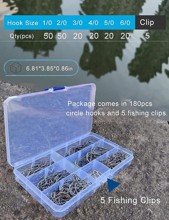 Circle Hooks Saltwater Catfish Bass Fishing Hooks, 180pcs Octopus Offset Fishing Hooks with 5pcs Power Clips