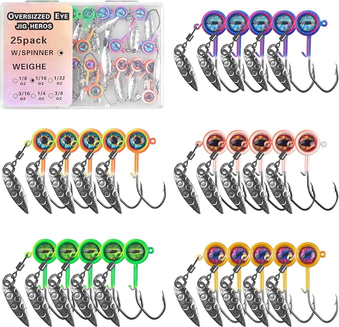 Crappie Jig Heads Fishing Lures Kit, 25pcs Underspin Jig Heads with Spinner Blade Eye Ball Head Painted Crappie Lures Fishing Jigs for Bass, Trout, Panfish, Sunfish