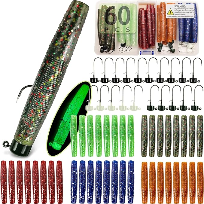 Ned Rig Jig Heads TRD Stick Worms Kit, 60, 35 Pack Ned Rig Lures Mushroom Jigs Finesse Soft Plastic Baits for Bass Fishing Freshwater Saltwater