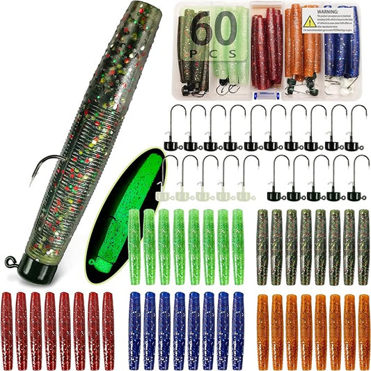 Ned Rig Jig Heads TRD Stick Worms Kit, 60, 35 Pack Ned Rig Lures Mushroom Jigs Finesse Soft Plastic Baits for Bass Fishing Freshwater Saltwater