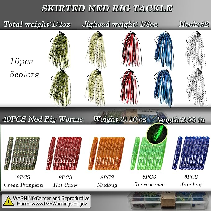 Ned Rig Jig Heads Soft Plastic Worms Fishing Lures Kit, 60/50/10 Pcs Weedless Skirted Mushroom Ned Rigs Jighead Hooks Stick Baits Bass Fishing Lures for Freshwater Saltwater