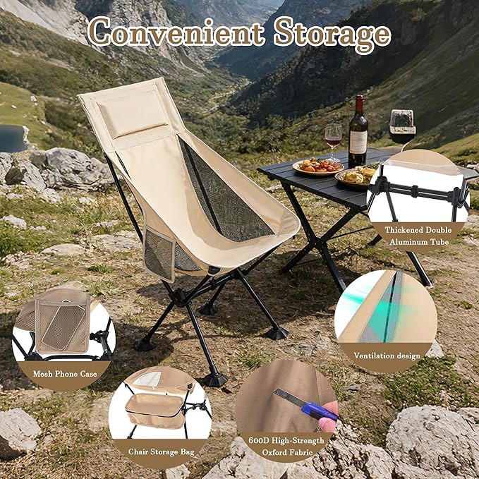 High Back Lightweight Camping Chair for Adults with Wide Seat and Head Support,Ultralight Compact Backpacking Chair with Anti-Sinking Large Feet and Storage Bag for Travel,Naturehike,Hiking