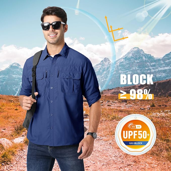 MAGCOMSEN Men's UPF 50+ Sun Protection Shirts, Button Down Long Sleeve Shirt for Hiking, Fishing, Safari