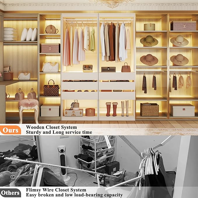Freestanding Closet System Set of 2, 4FT Closet Organizer System with 6 Wood Drawers & Glasstop, 48" Closet Systems with Hanging Rod & LED Light, Heavy Duty Walk-in Closet, White(48"L x 16" W x 80" H)