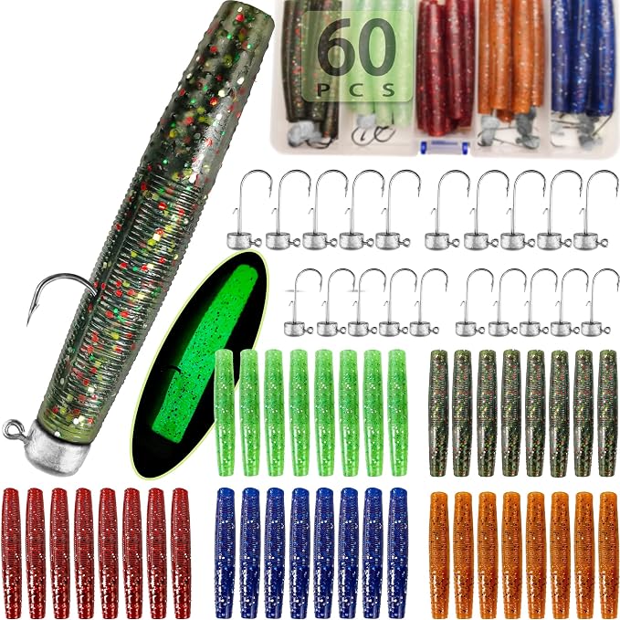 60/25 Pcs Ned Rig Jig Heads Soft Plastic Worms Stick Baits Kit, Mushroom Ned Rigs Jighead Hooks Worm Fishing Lures for Bass Freshwater Saltwater Fishing