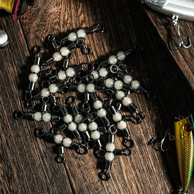 Goture Fishing Swivels, 3 Way Swivels Fishing Tackle, T Shape Cross Line Rolling Swivels with Luminous Beads Saltwater Freshwater,Three Way Fishing Swivels Barrel Swivels for Catfish Rig Surf Rig