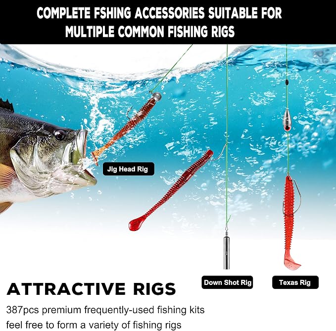 PLUSINNO 253/387pcs Fishing Gear Accessories Kit, Fishing Tackle Box with Tackle Included, Fishing Hooks, Fishing Weights Sinkers, Spinner Blade, Fishing Equipment for Bass Trout Bluegill Crappie