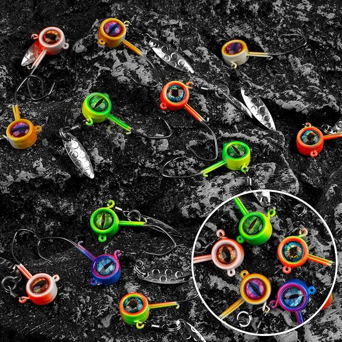 Crappie Jig Heads Fishing Lures Kit, 25pcs Underspin Jig Heads with Spinner Blade Eye Ball Head Painted Crappie Lures Fishing Jigs for Bass, Trout, Panfish, Sunfish