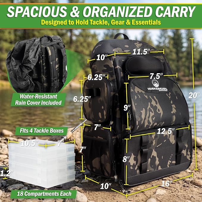 Fishing Backpack with Tackle Boxes, Rod Holders, 7 Zippered Storage Pockets and Water-Resistant Cover - Tactical Backpack Tackle Bag for Fishing Gear and Equipment by Wakeman Outdoors (Camo Black)